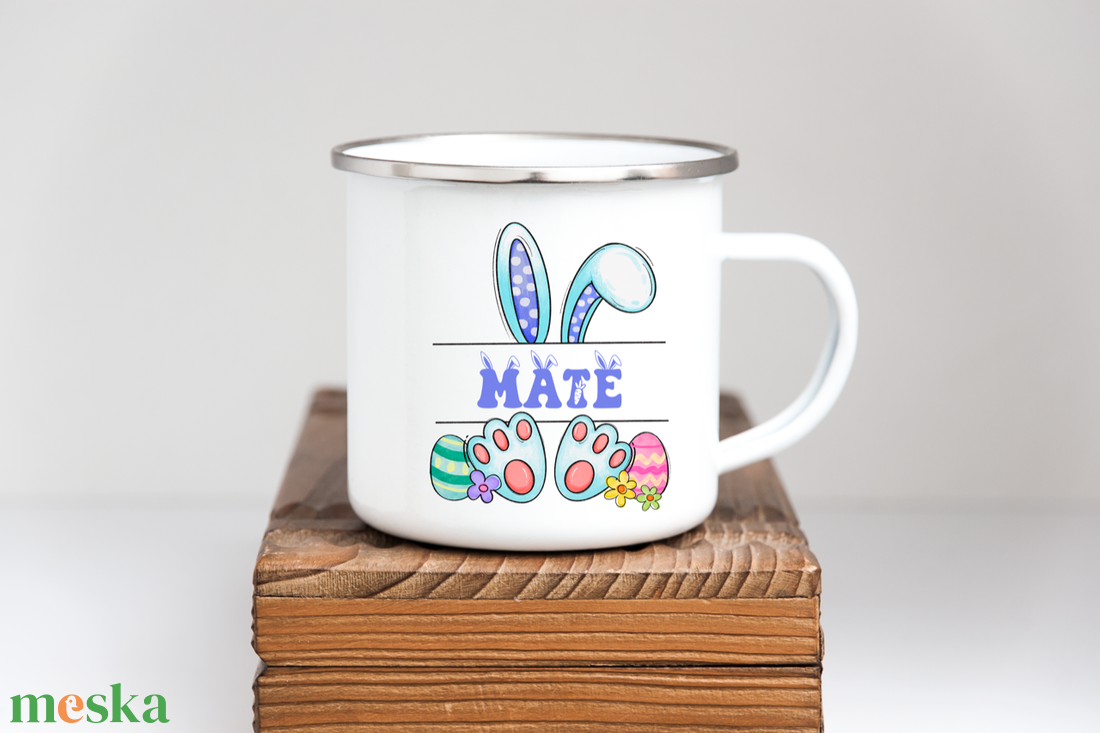 Húsvéti Személyre Szabott Zománcozott Bögre - Egyedi Névvel és Vidám Nyuszis Betűvel - Tökéletes Ajándék Gyerekeknek - otthon & életmód - konyhafelszerelés, tálalás - tálalás - bögre & csésze - Meska.hu