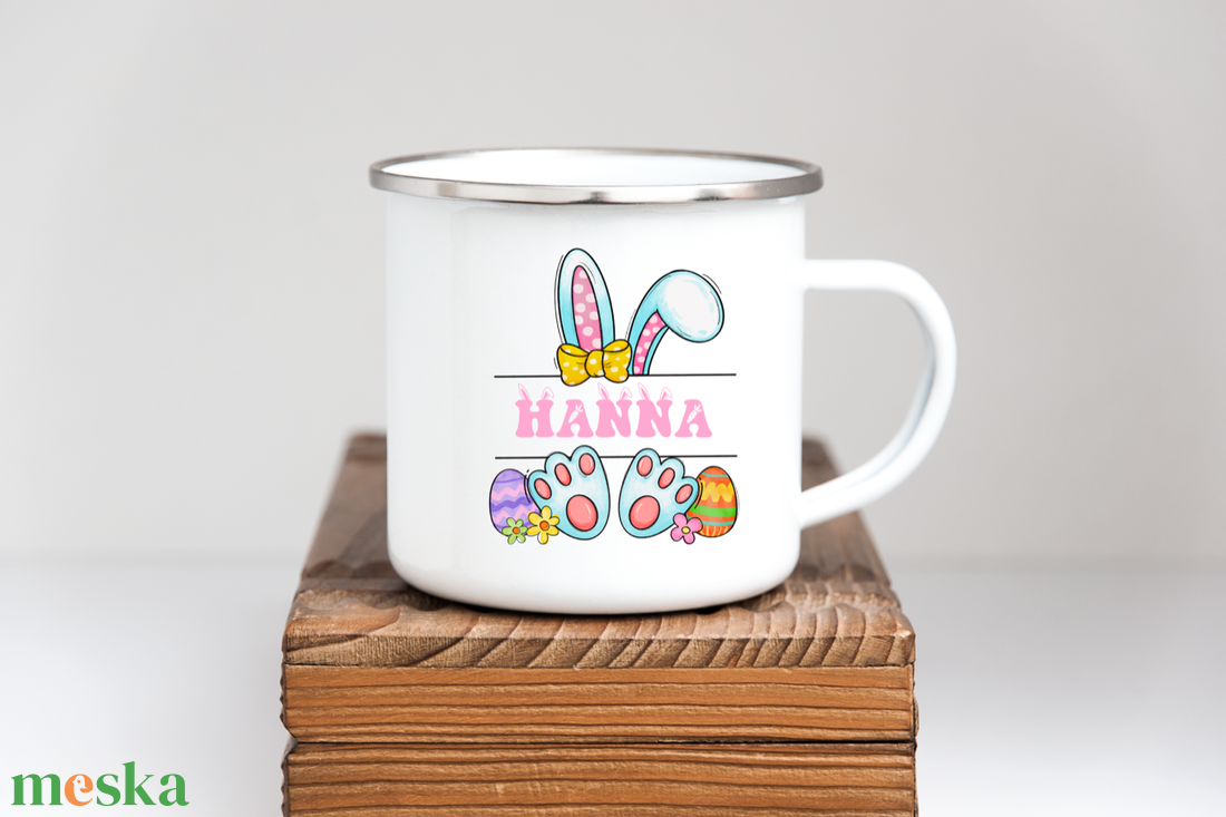Húsvéti Személyre Szabott Zománcozott Bögre - Egyedi Névvel és Vidám Nyuszis Betűvel - Tökéletes Ajándék Gyerekeknek - otthon & életmód - konyhafelszerelés, tálalás - tálalás - bögre & csésze - Meska.hu