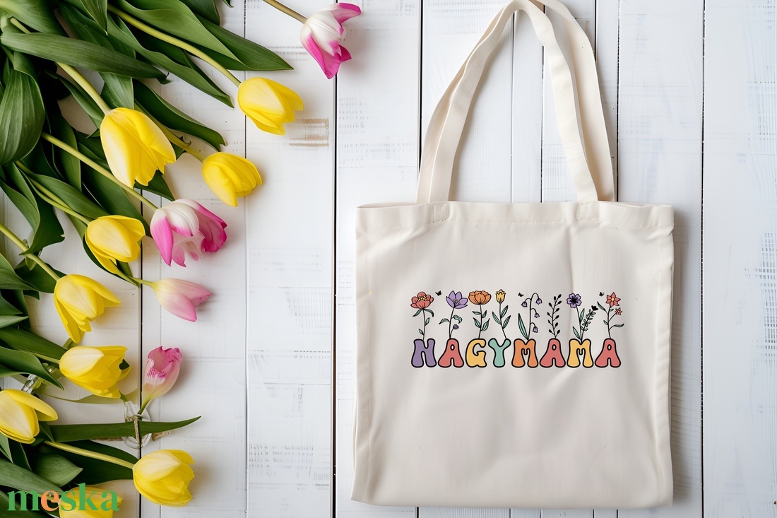 Virágos 'NAGYMAMA' Feliratos Vászon Táska Anyák Napjára- Személyre szabható - Különleges Anyák Napja Ajándék - táska & tok - bevásárlás & shopper táska - shopper, textiltáska, szatyor - Meska.hu