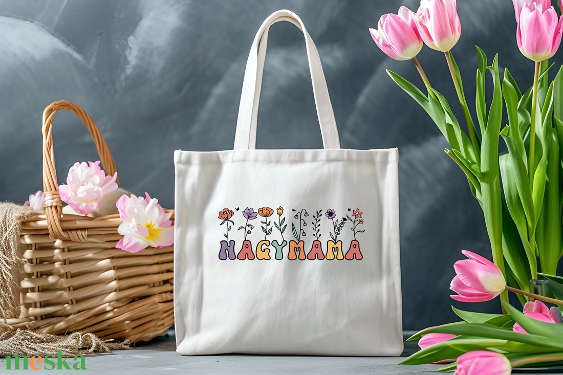 Virágos 'NAGYMAMA' Feliratos Vászon Táska Anyák Napjára- Személyre szabható - Különleges Anyák Napja Ajándék - táska & tok - bevásárlás & shopper táska - shopper, textiltáska, szatyor - Meska.hu