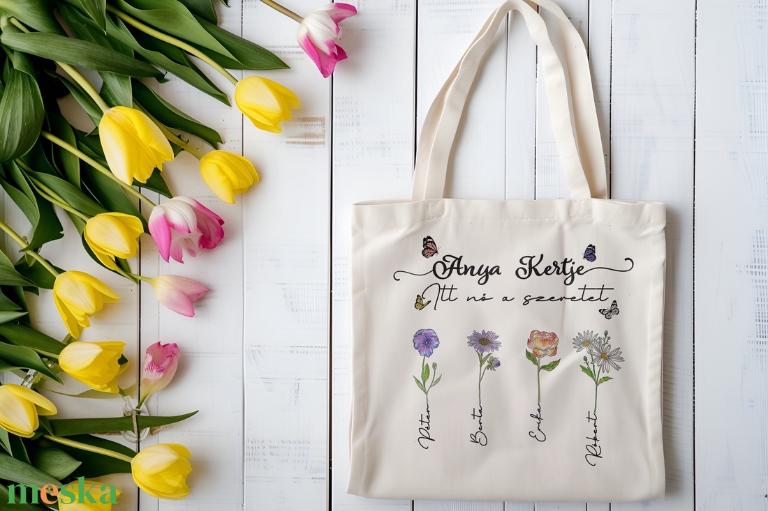 Személyre Szabható Anya Virágoskertje Táska,  Akár 8 névvel és születési hónapokkal - Tökéletes Ajándék Anyák napjára - táska & tok - bevásárlás & shopper táska - shopper, textiltáska, szatyor - Meska.hu