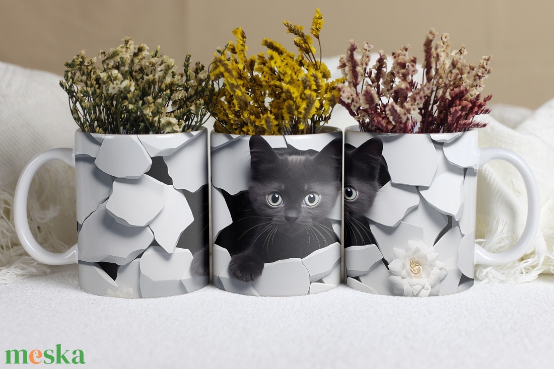 Cuki Fekete Cica Mintás Bögre � Egyedi Körülölelő Design Kerámia Bögre Macskakedvelőknek - otthon & életmód - konyhafelszerelés, tálalás - tálalás - bögre & csésze - Meska.hu
