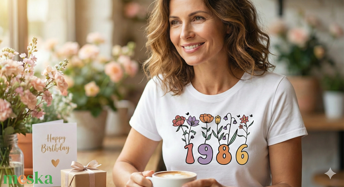 Virágos 1986 Szülinapi Póló Nőknek � Egyedi 40. Születésnapi Ajándék Vadvirágos Mintával - ruha & divat - női ruha - póló, felső - Meska.hu