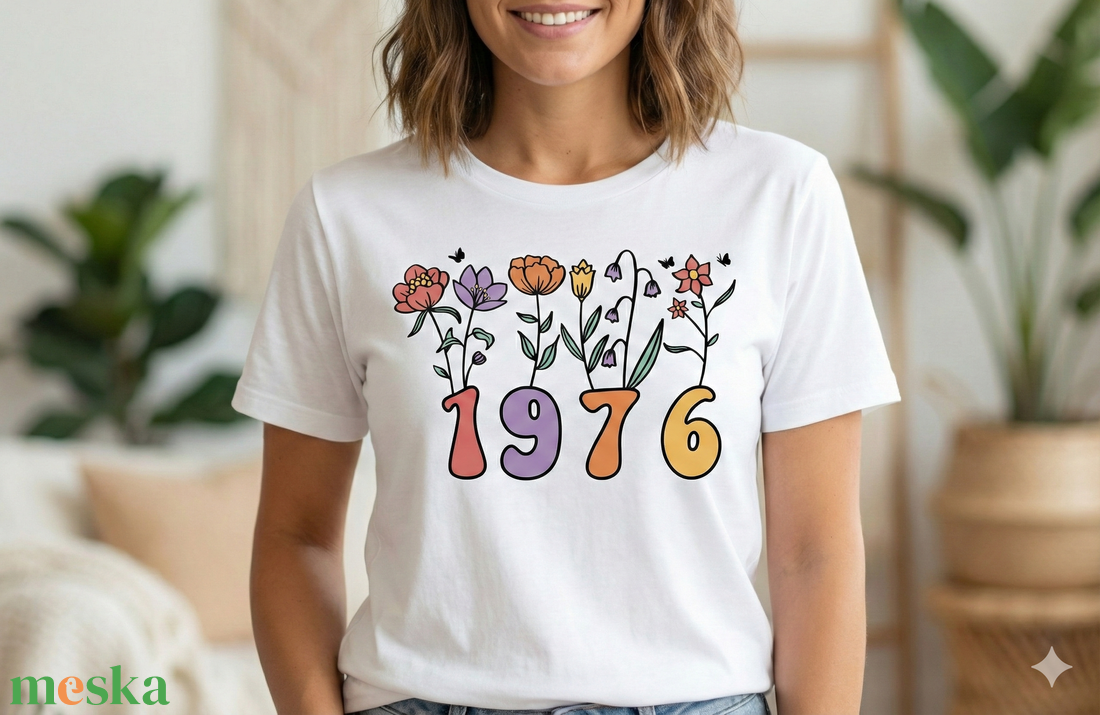 Virágos 1976 Szülinapi Póló Nőknek � Egyedi 50. Születésnapi Ajándék Vadvirágos Mintával - ruha & divat - női ruha - póló, felső - Meska.hu