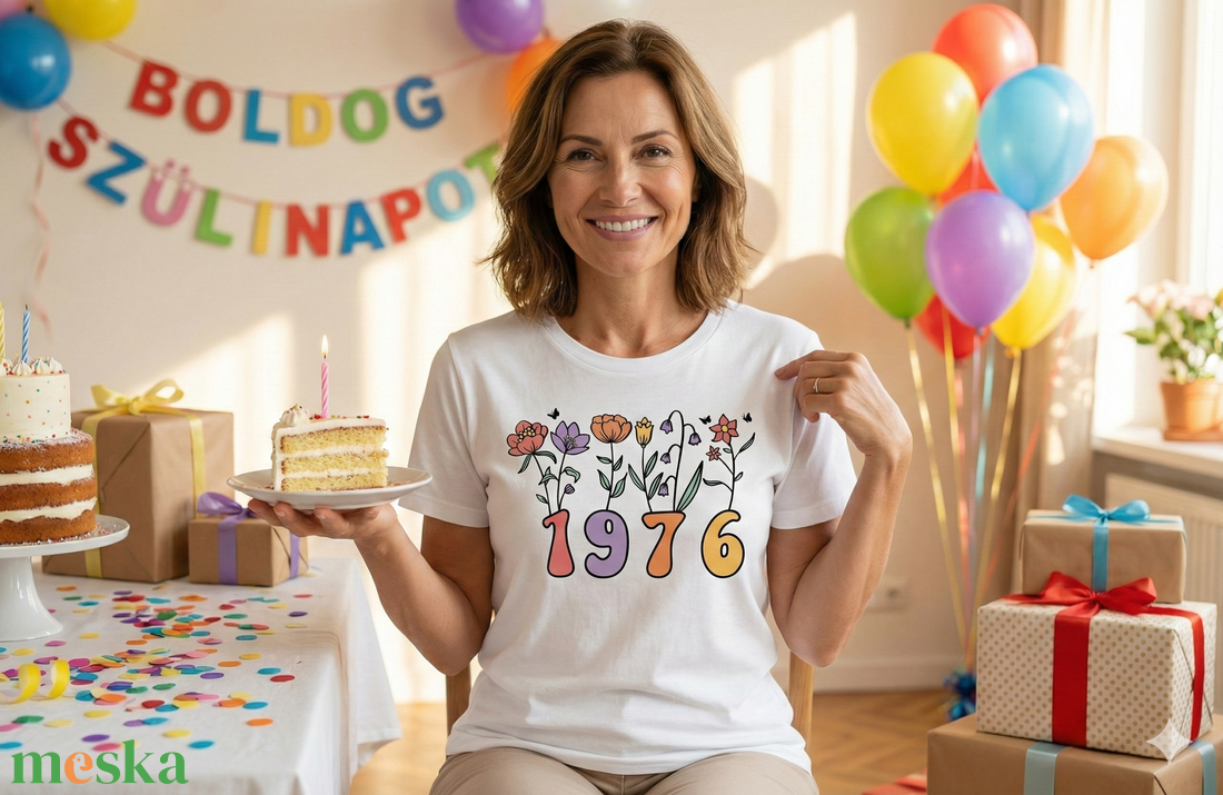 Virágos 1976 Szülinapi Póló Nőknek � Egyedi 50. Születésnapi Ajándék Vadvirágos Mintával - ruha & divat - női ruha - póló, felső - Meska.hu
