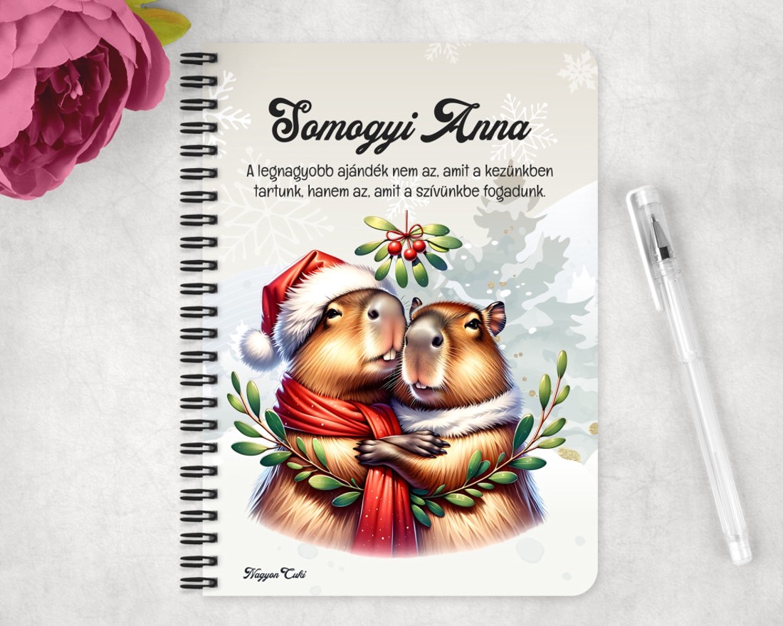 Személyre szabható - Cuki Karácsonyi capybara pár mintás A6-os füzet - otthon & életmód - papír, írószer - jegyzetfüzet & napló - Meska.hu