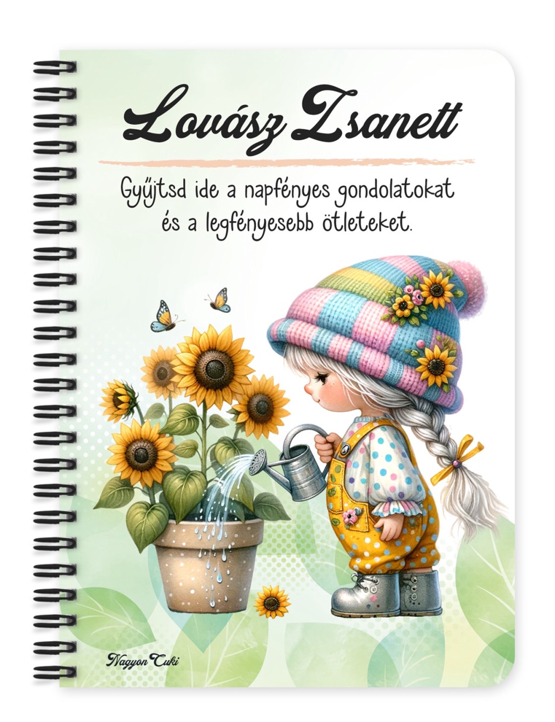 Személyre szabható - Locsolós napraforgós manó lány mintás A5-ös füzet - otthon & életmód - papír, írószer - jegyzetfüzet & napló - Meska.hu