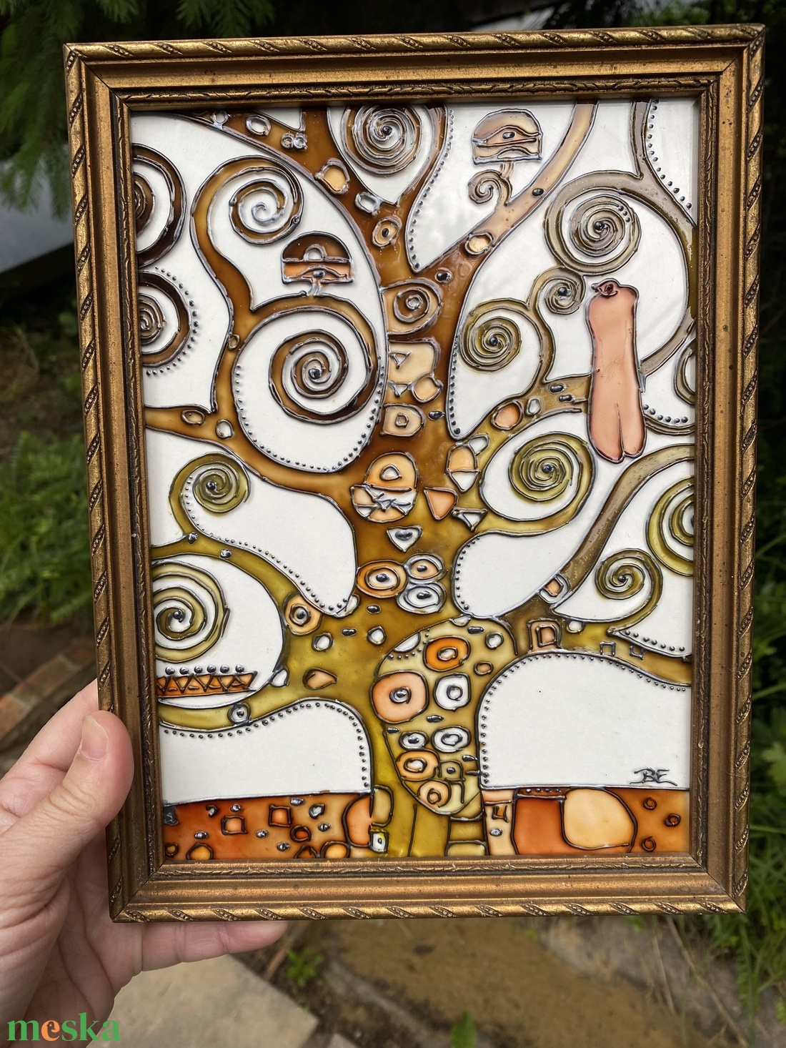 Klimt életfa - Üvegfestő művész  által szignózott, egyetlen darab, exkluzív üvegfestmény, antik keretben - művészet - festmény - üvegfestmény - Meska.hu