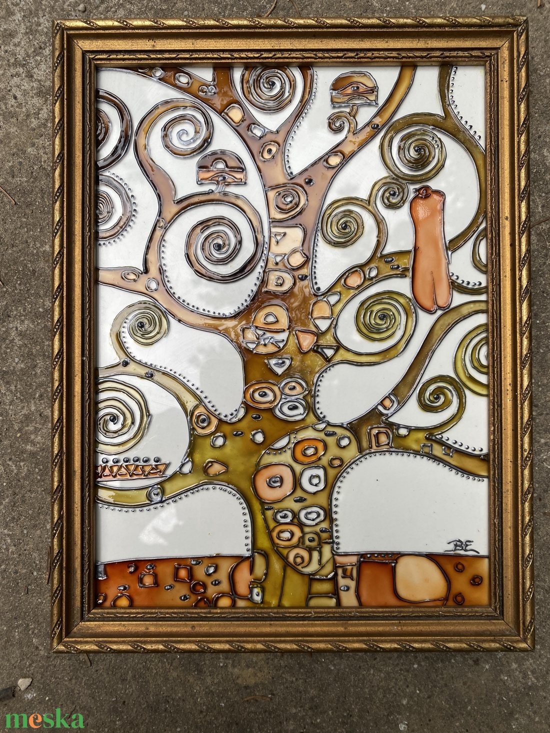 Klimt életfa - Üvegfestő művész  által szignózott, egyetlen darab, exkluzív üvegfestmény, antik keretben - művészet - festmény - üvegfestmény - Meska.hu