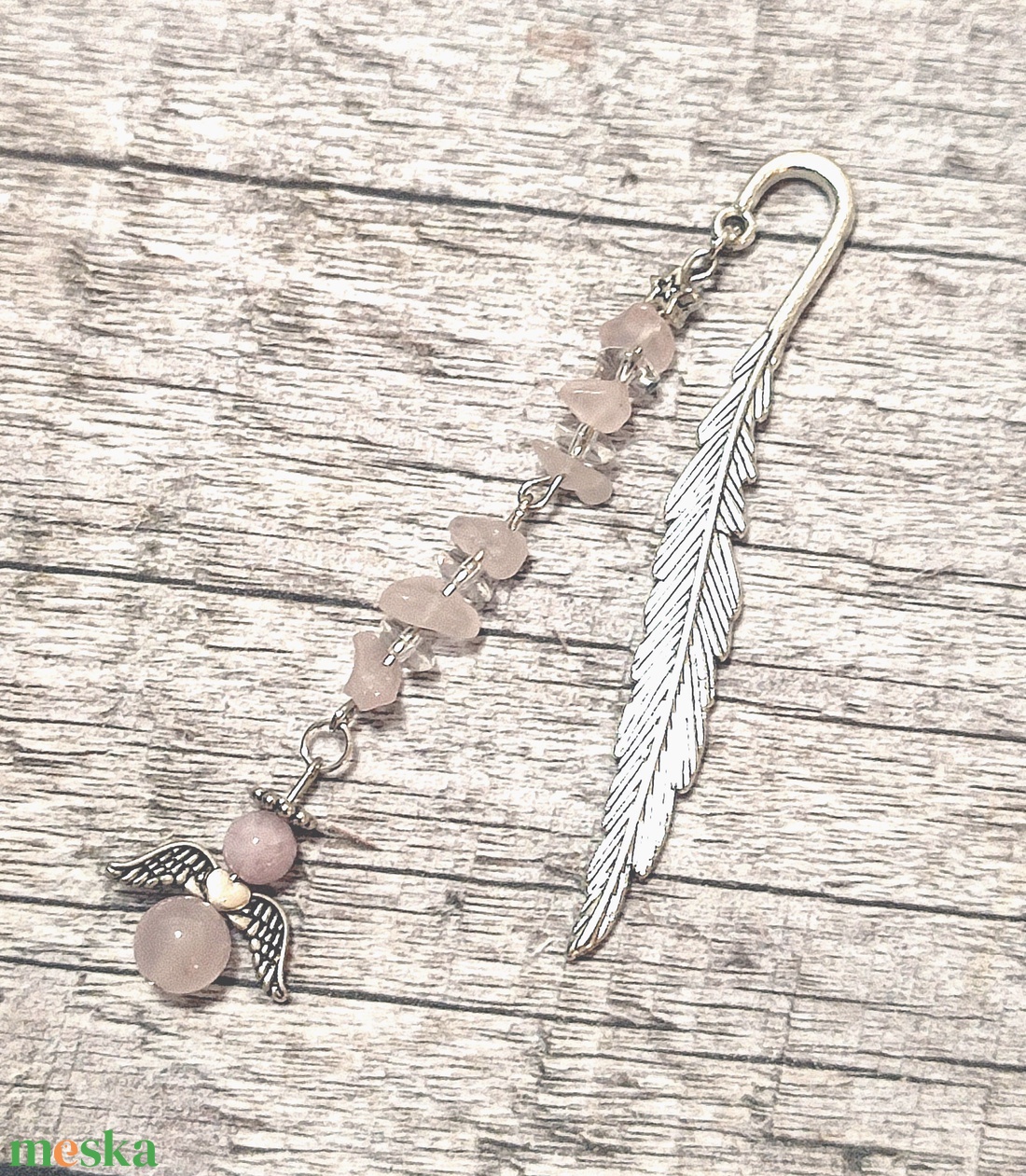 Angyalkás könyvjelző rózsakvarc és hegyikristály ásványokkal - könyv & zene - könyvjelző - Meska.hu