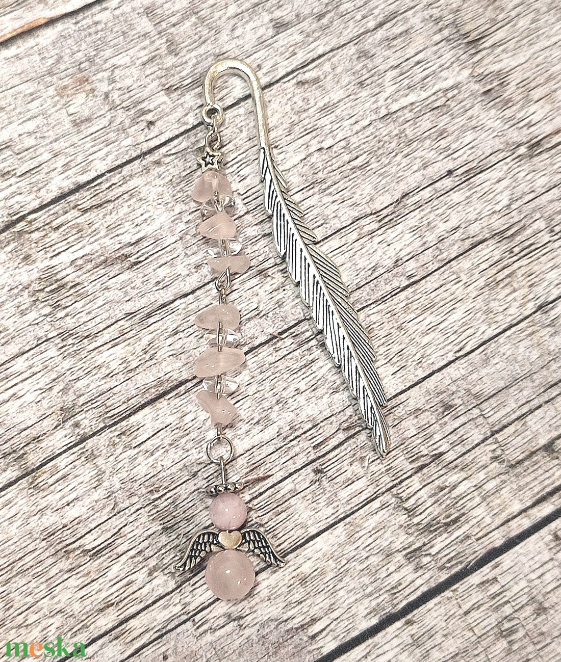 Angyalkás könyvjelző rózsakvarc és hegyikristály ásványokkal - könyv & zene - könyvjelző - Meska.hu