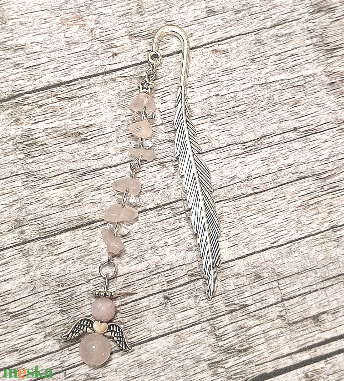 Angyalkás könyvjelző rózsakvarc és hegyikristály ásványokkal - könyv & zene - könyvjelző - Meska.hu