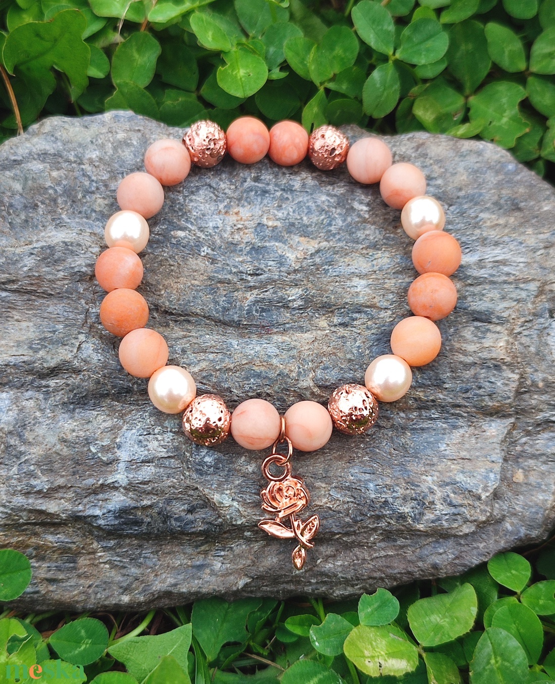 Barack aventurin - rosegold lávakő ásványkarkötő - ékszer - karkötő - ásványkarkötő - Meska.hu