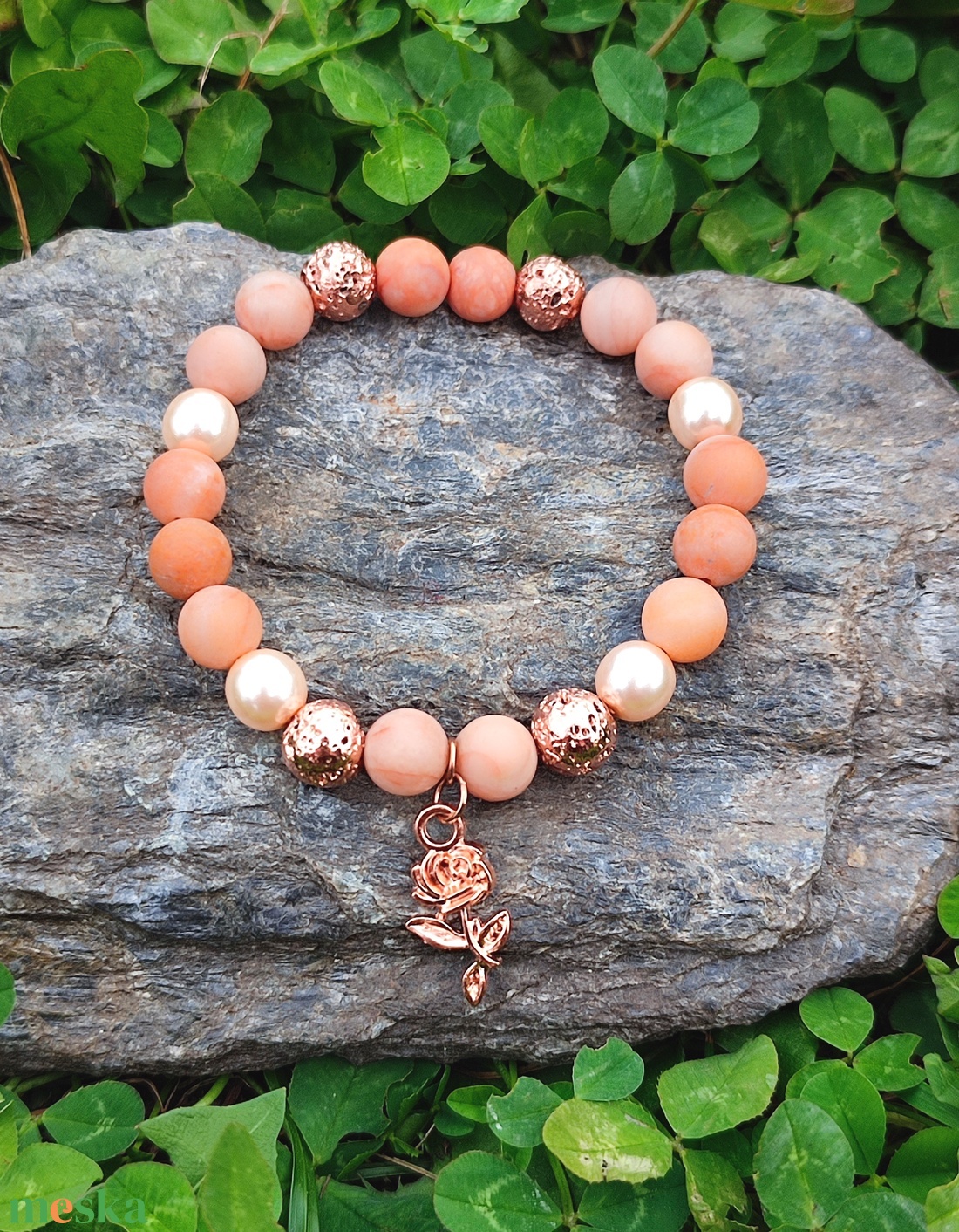 Barack aventurin - rosegold lávakő ásványkarkötő - ékszer - karkötő - ásványkarkötő - Meska.hu