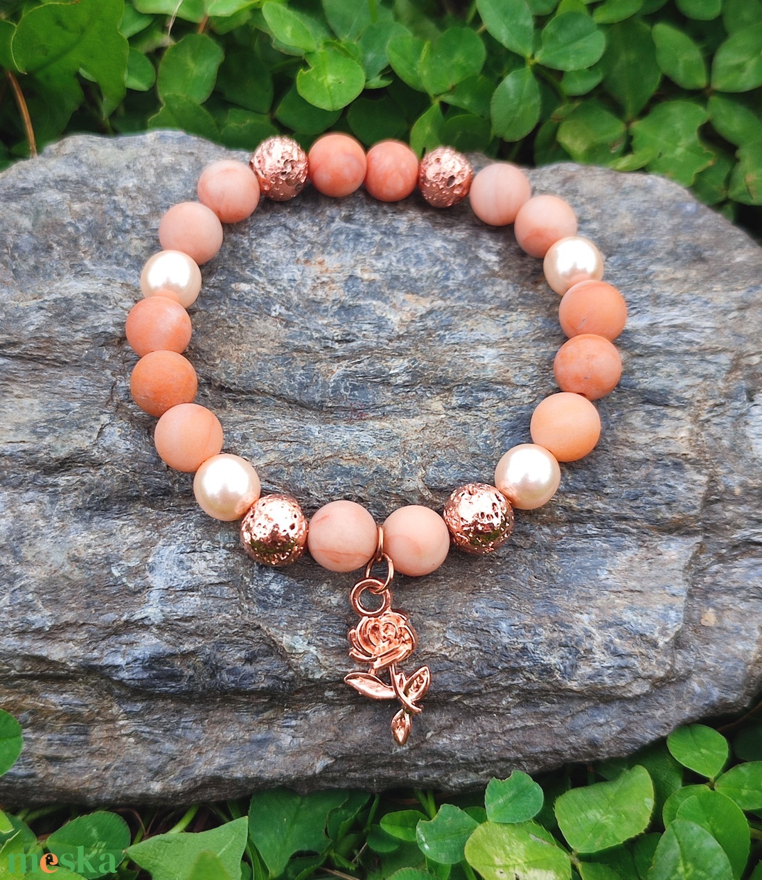 Barack aventurin - rosegold lávakő ásványkarkötő - ékszer - karkötő - ásványkarkötő - Meska.hu