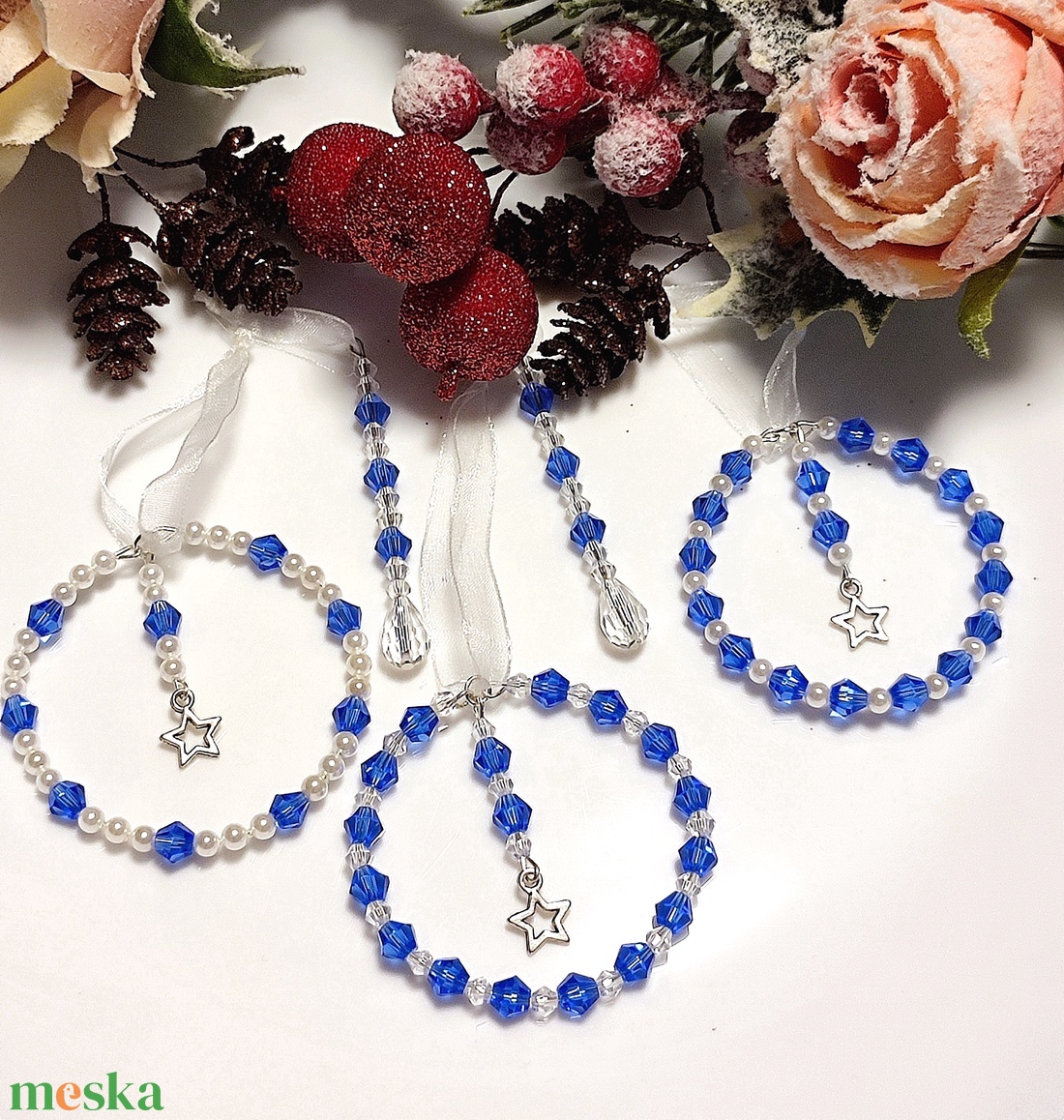 Karácsonyi díszek - kék, 5 db gyöngy karácsonyfadísz - karácsony - karácsonyi lakásdekoráció - karácsonyfadíszek - Meska.hu