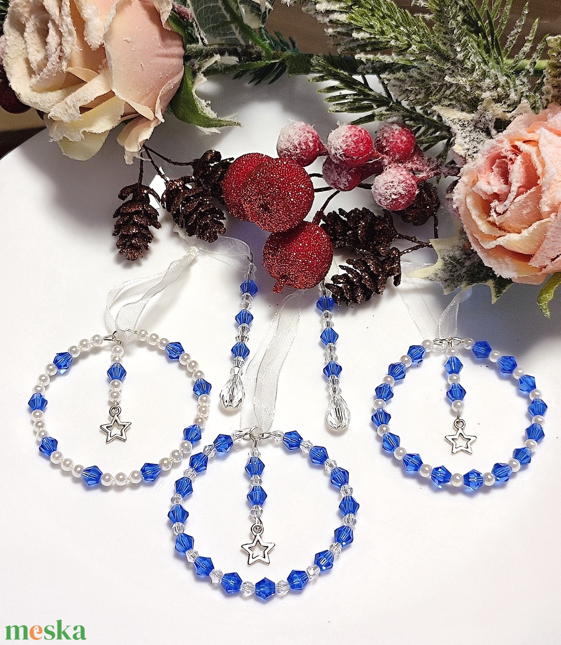 Karácsonyi díszek - kék, 5 db gyöngy karácsonyfadísz - karácsony - karácsonyi lakásdekoráció - karácsonyfadíszek - Meska.hu