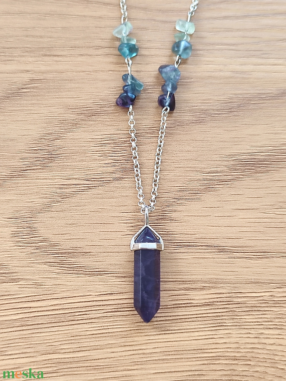 Ásvány nyaklánc fluorit ásvány csúcs medállal - ékszer - nyaklánc - medálos nyaklánc - Meska.hu
