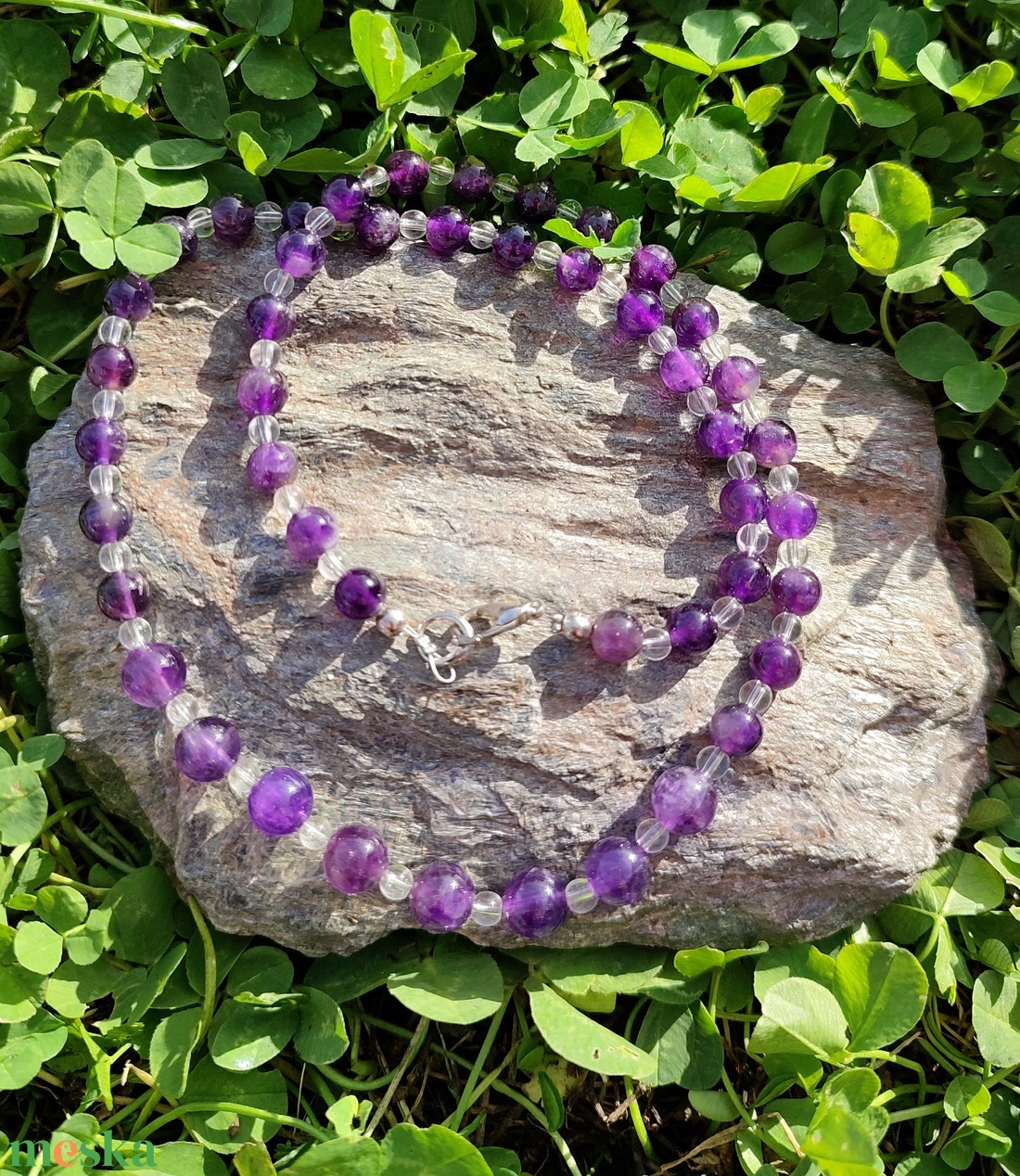 Ametiszt - hegyikristály ásvány nyaklánc, féldrágakő ásvány gyöngysor, egyedi ametiszt ásvány nyaklánc - ékszer - nyaklánc - gyöngyös nyaklánc - Meska.hu