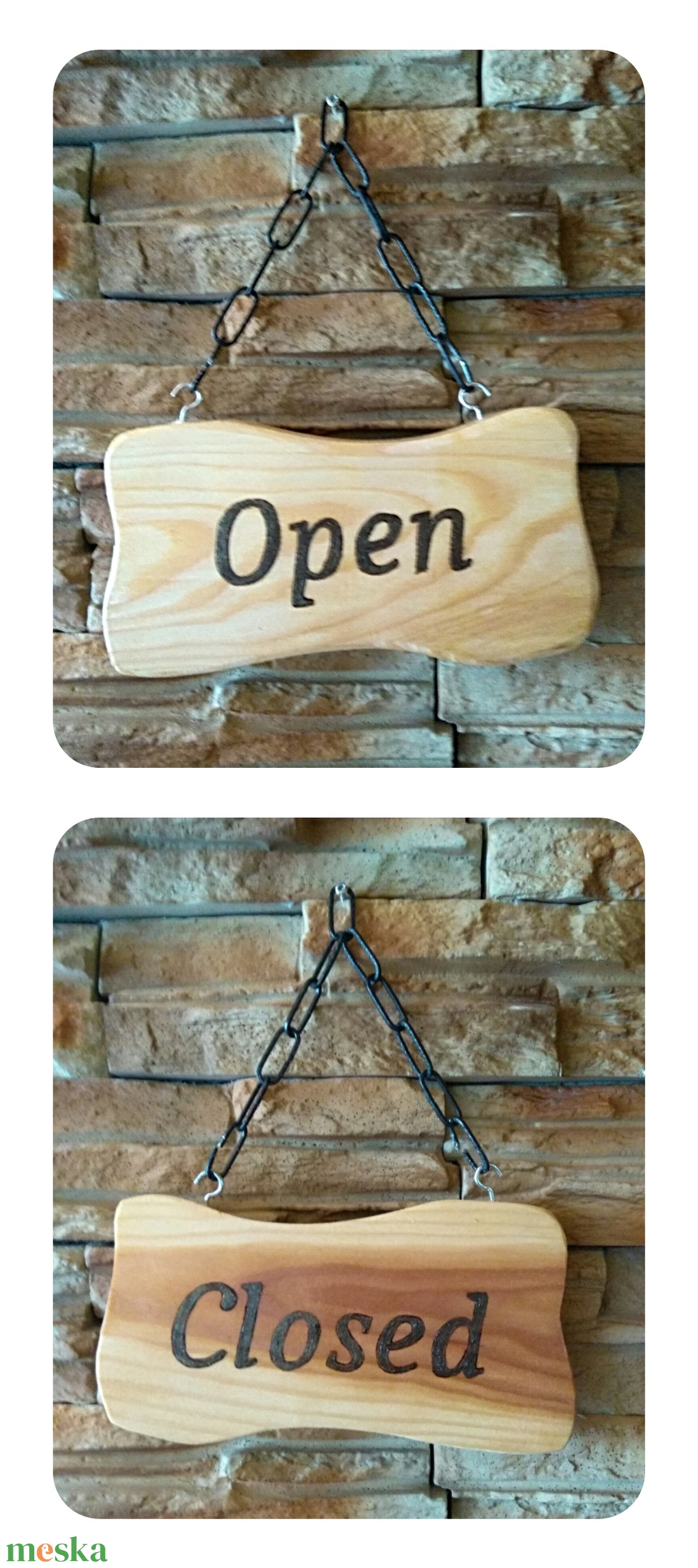 Open, Close kétoldalú fatábla dísz lánccal - otthon & életmód - dekoráció - ajtó- és ablak dekoráció - ajtótábla - Meska.hu