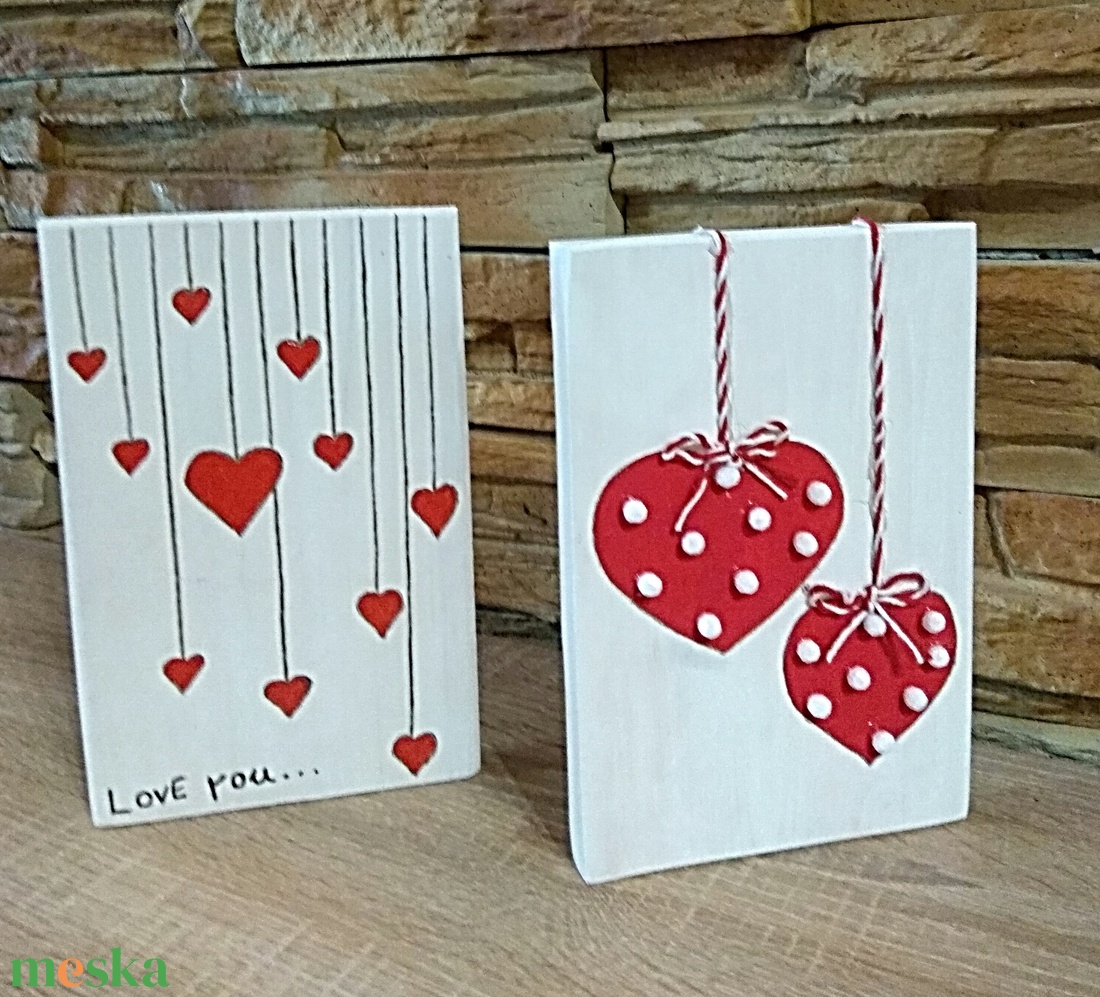 Valentin napi szívecskés fatábla szett - otthon & életmód - dekoráció - kép & falikép - fából készült kép - Meska.hu