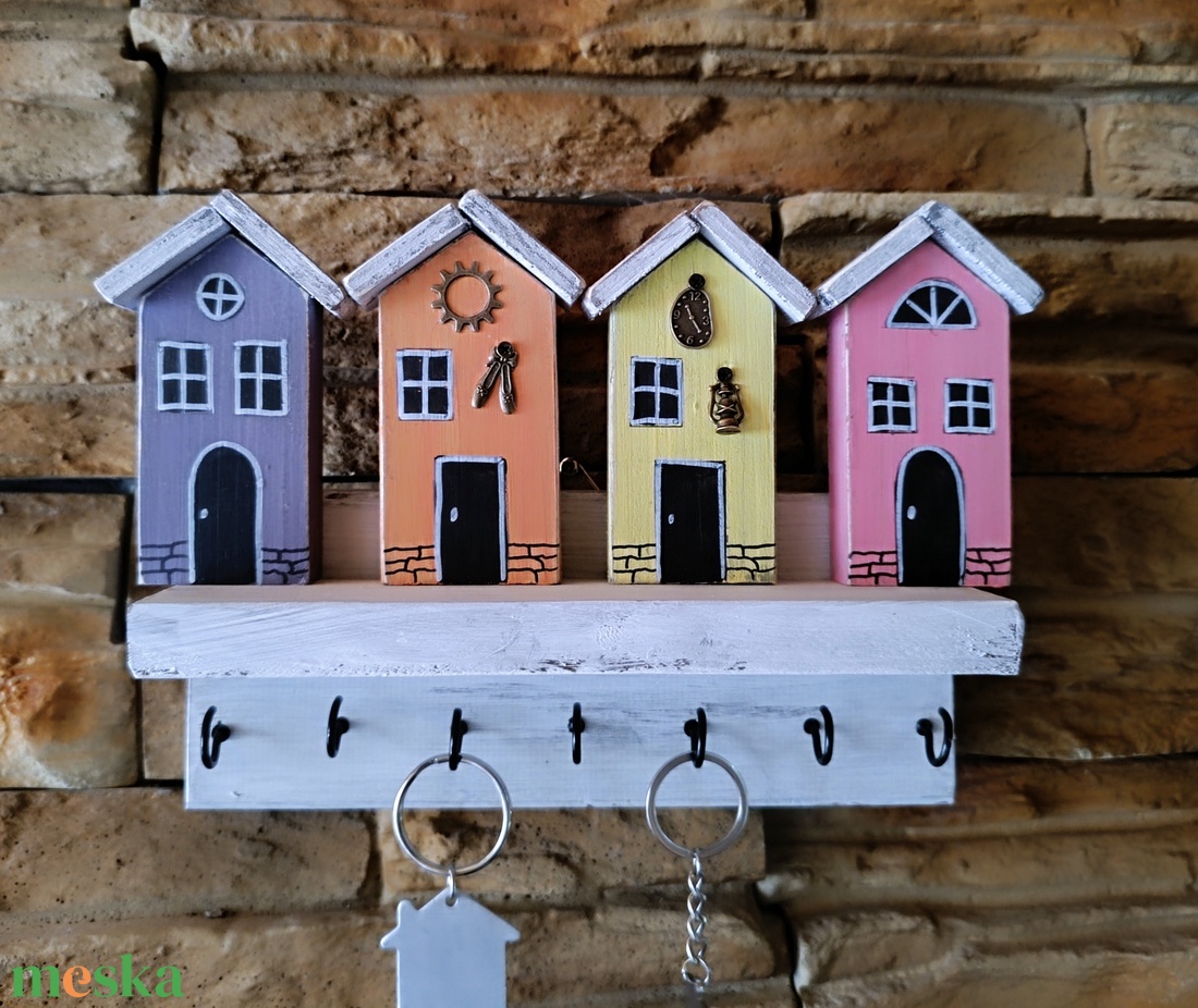Fából készült házikós fali kulcstartó  - otthon & életmód - dekoráció - fali és függő dekoráció - fali kulcstartó - Meska.hu