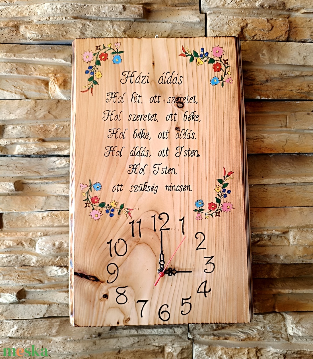 Nagyméretű, fából készült kézműves falióra magyaros virág mintával és Házi Áldással - otthon & életmód - dekoráció - fali és függő dekoráció - falióra & óra - Meska.hu