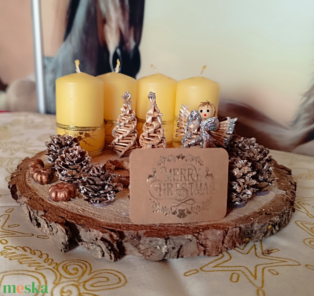 Angyalkás adventi asztaldísz fakorongon 4 gyertyával  - karácsony - adventi díszek - adventi asztaldísz - Meska.hu