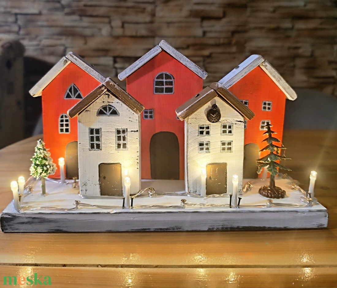 Karácsonyi falu asztal vagy ablakdísz LED világítással  - karácsony - karácsonyi lakásdekoráció - karácsonyi falu, házikó - Meska.hu