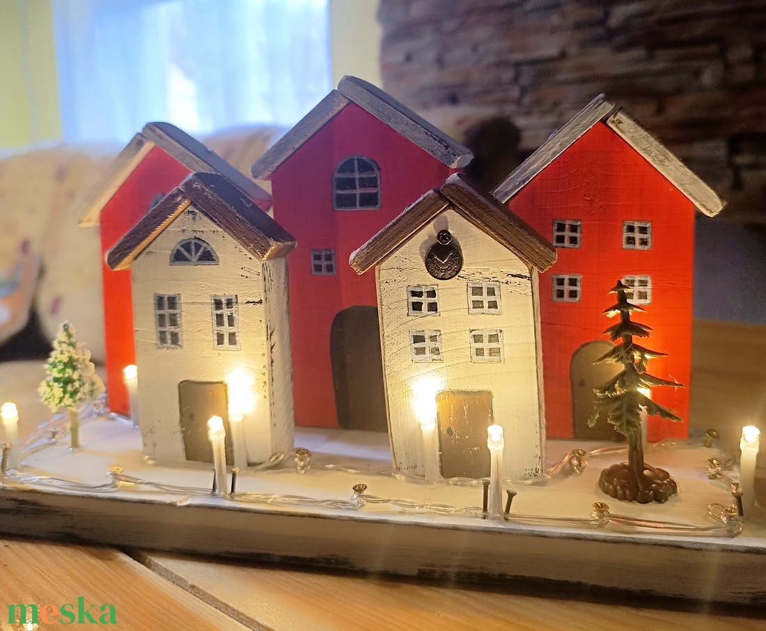 Karácsonyi falu asztal vagy ablakdísz LED világítással  - karácsony - karácsonyi lakásdekoráció - karácsonyi falu, házikó - Meska.hu