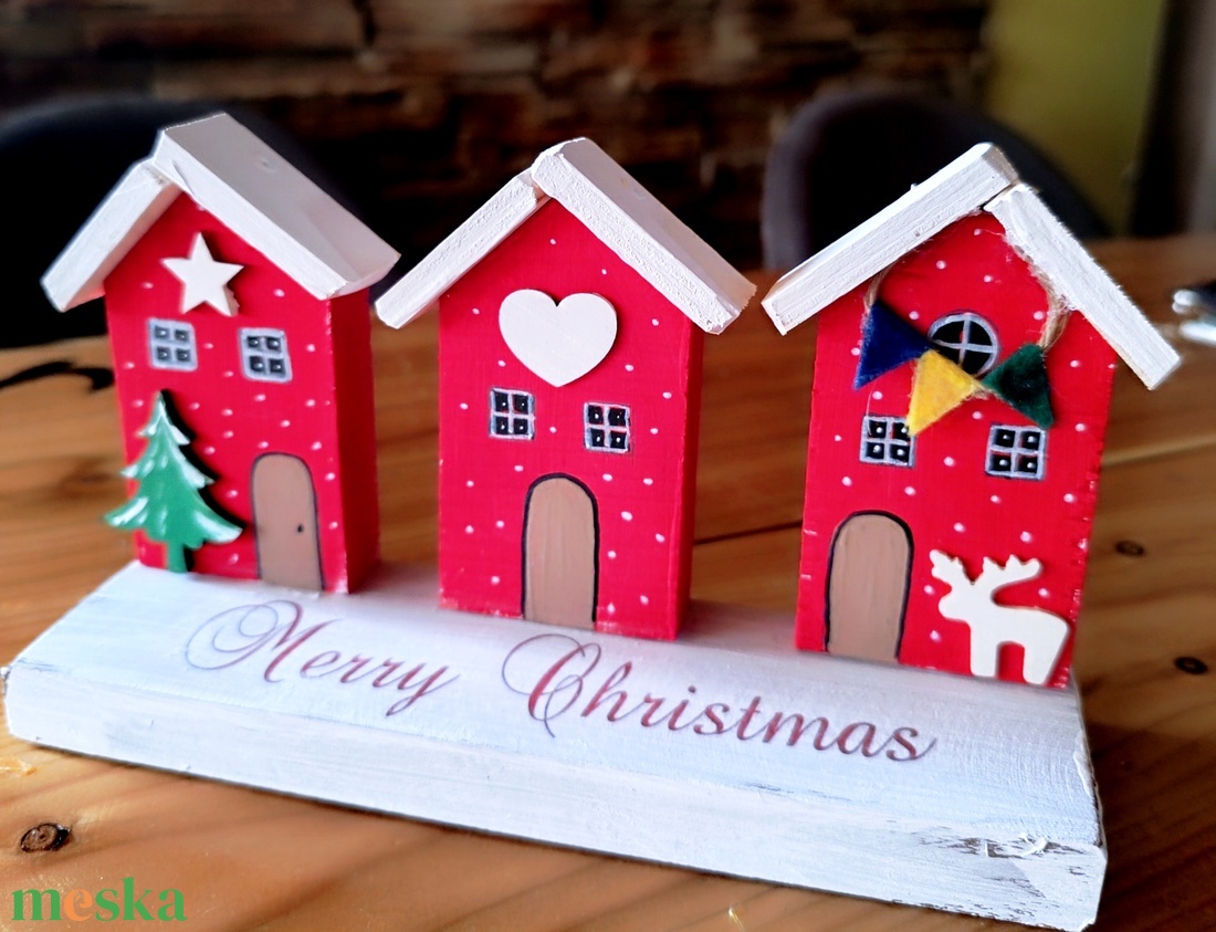 Karácsonyi házikók , egyedi fából készült asztali dekoráció  - karácsony - karácsonyi lakásdekoráció - karácsonyi falu, házikó - Meska.hu