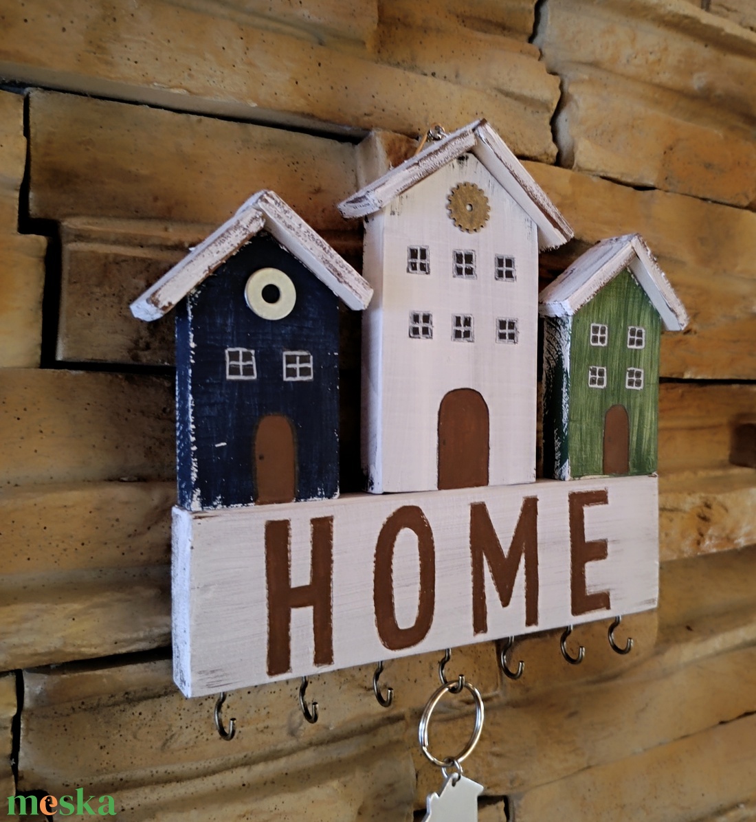 Home felirattal díszített fából készült házikós fali kulcstartó  - otthon & életmód - dekoráció - fali és függő dekoráció - fali kulcstartó - Meska.hu