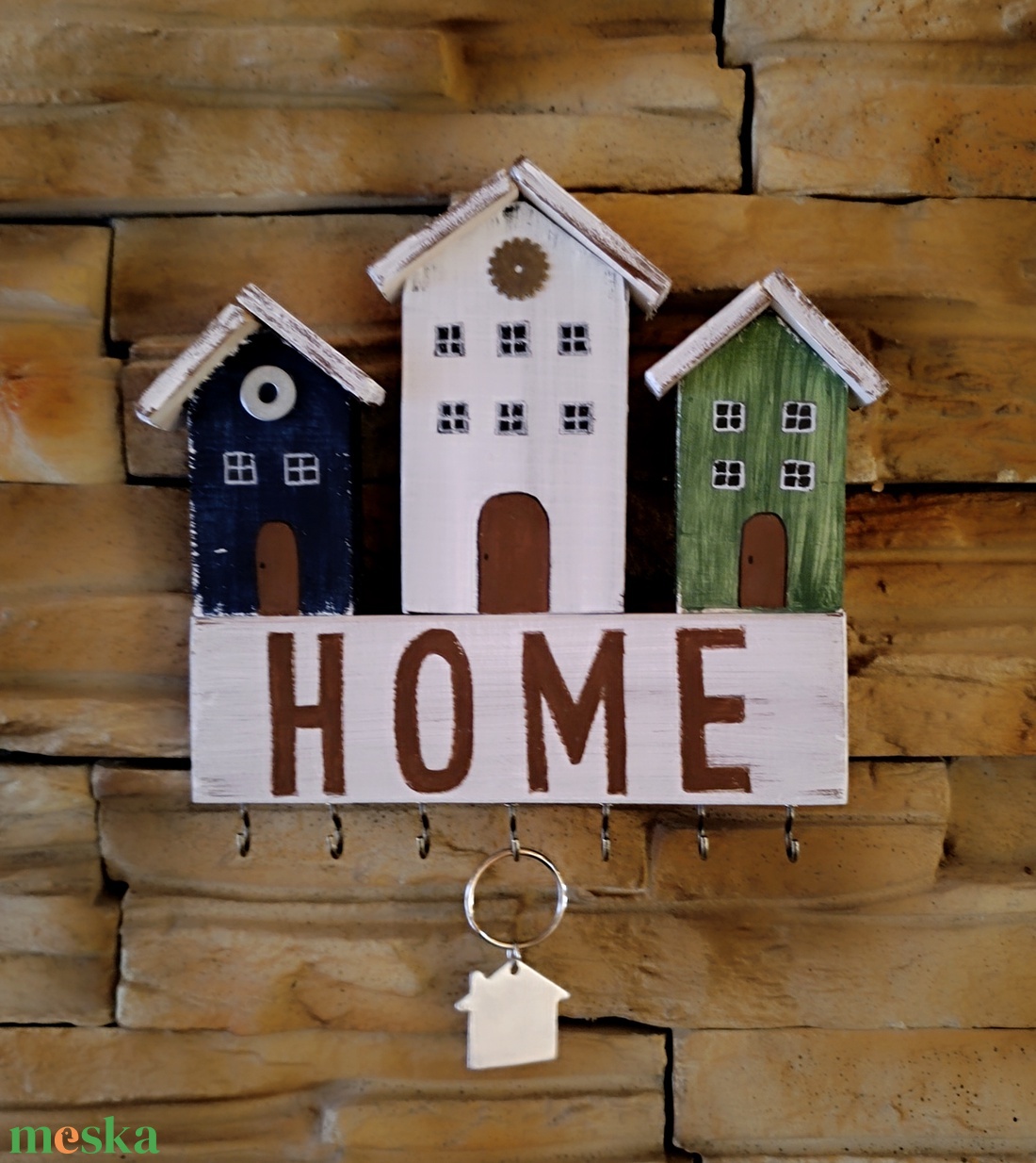 Home felirattal díszített fából készült házikós fali kulcstartó  - otthon & életmód - dekoráció - fali és függő dekoráció - fali kulcstartó - Meska.hu