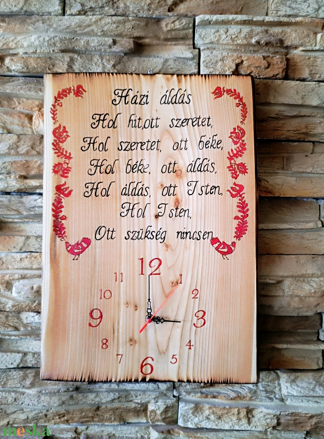 Nagyméretű fából készült falióra Házi áldással és magyar motívummal - otthon & életmód - vallás - házi áldás - Meska.hu