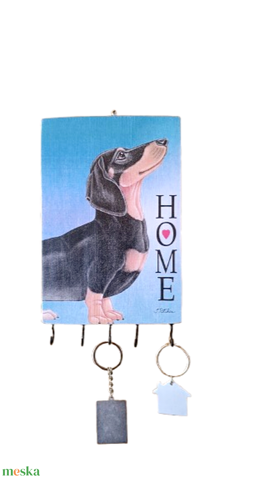 Fa fali kulcstartó tacskó kutyával és Home felirattal díszítve  - otthon & életmód - dekoráció - fali és függő dekoráció - fali kulcstartó - Meska.hu