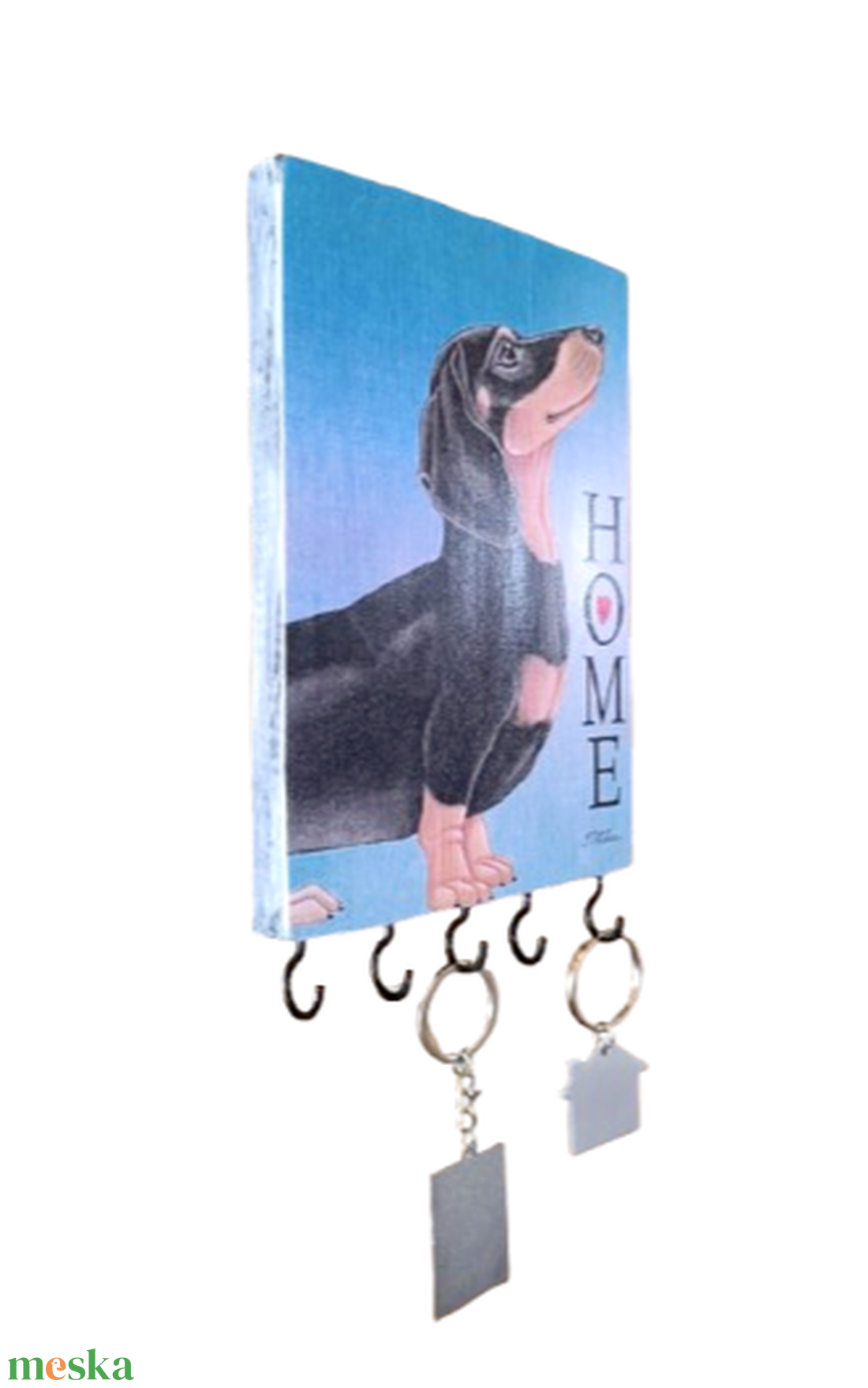 Fa fali kulcstartó tacskó kutyával és Home felirattal díszítve  - otthon & életmód - dekoráció - fali és függő dekoráció - fali kulcstartó - Meska.hu