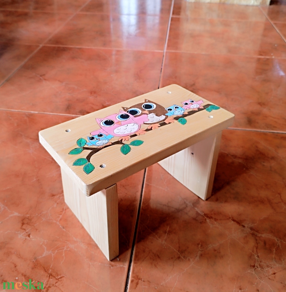 Gyerek sámli bagoly családdal  - baba - mama - babaszobabútor - gyerek szék, sámli - Meska.hu