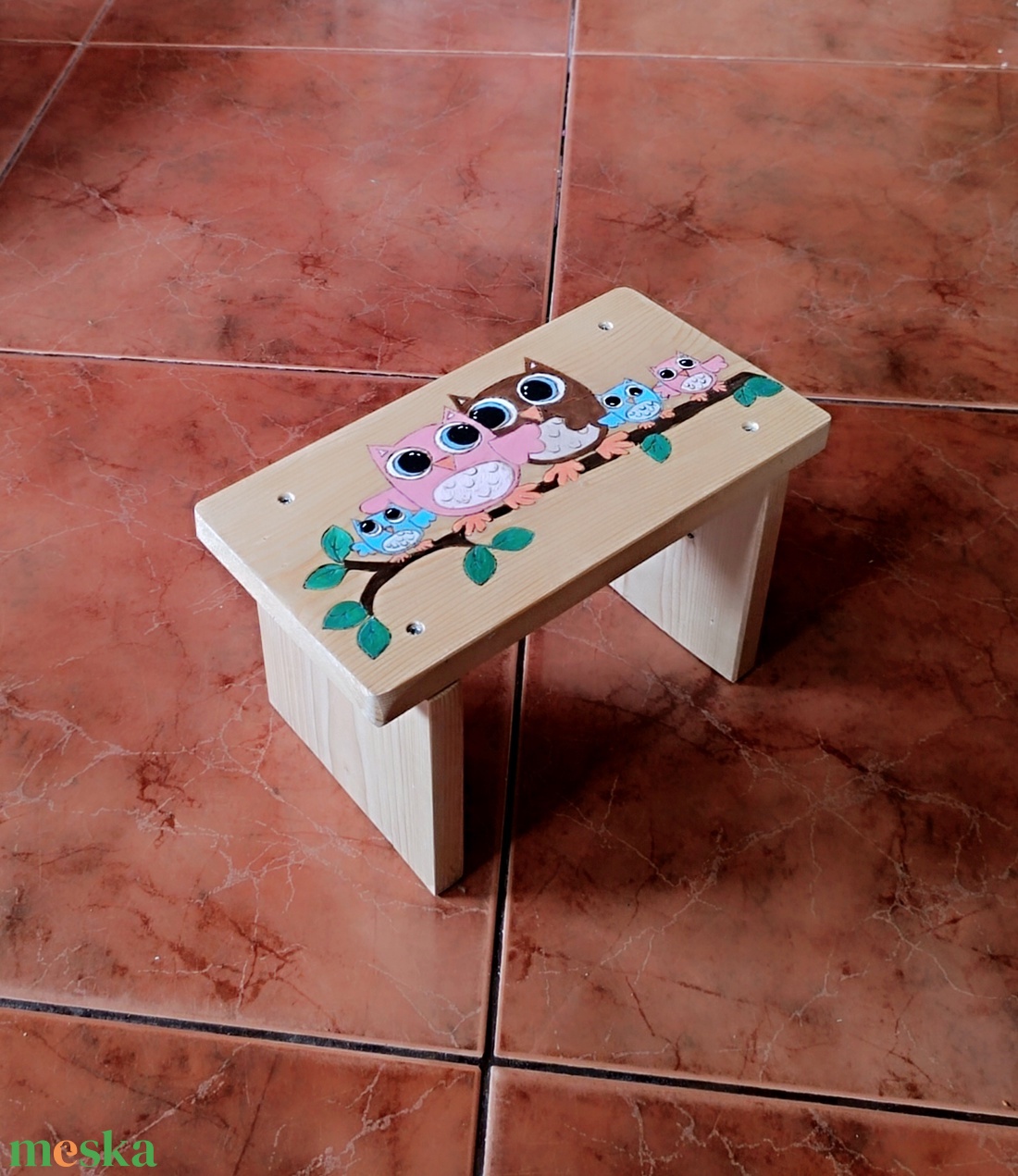 Gyerek sámli bagoly családdal  - baba - mama - babaszobabútor - gyerek szék, sámli - Meska.hu