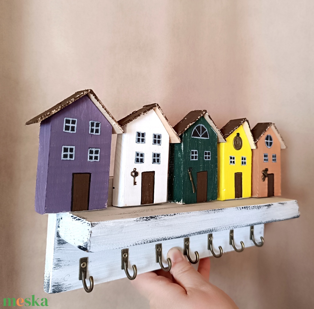 Színes házikós utcakép fali kulcstartó  - otthon & életmód - dekoráció - fali és függő dekoráció - fali kulcstartó - Meska.hu