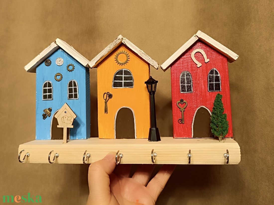 Színes házikós fa fali kulcstartó  - otthon & életmód - dekoráció - fali és függő dekoráció - fali kulcstartó - Meska.hu