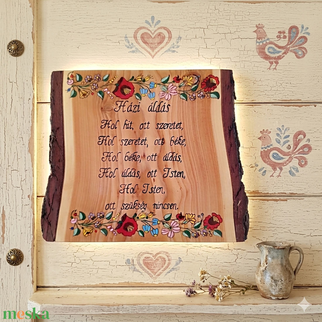 Házi áldás egyedi fa falikép kalocsai mintával  - otthon & életmód - vallás - házi áldás - Meska.hu