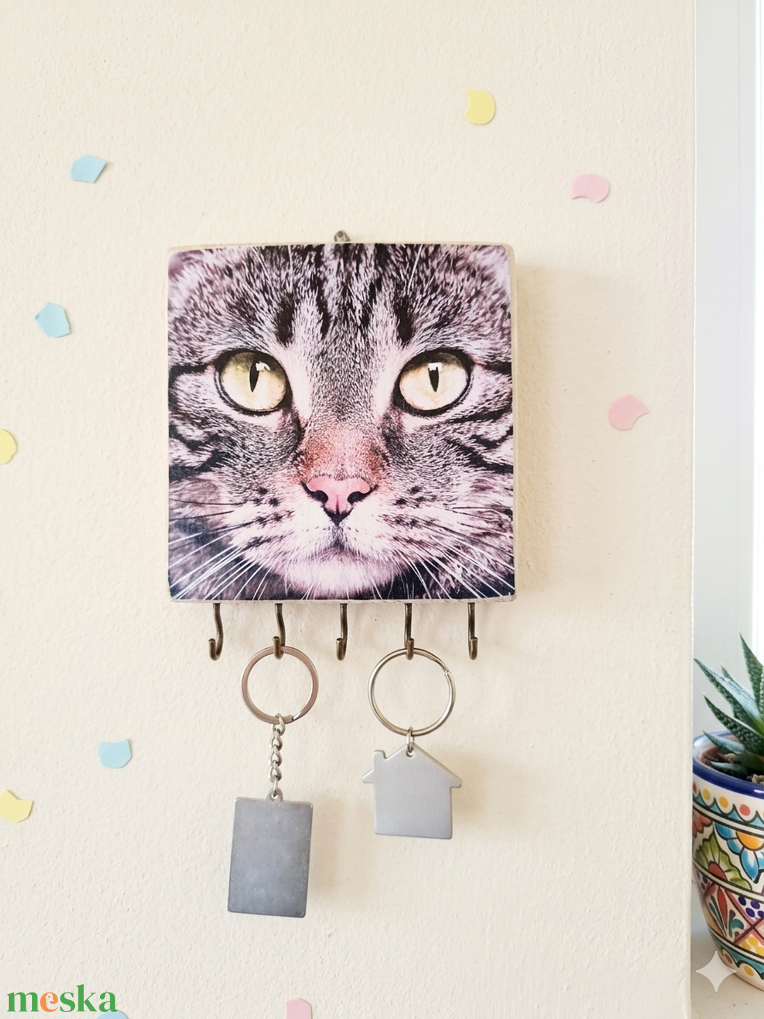 Fa fali kulcstartó macska képpel díszítve  - otthon & életmód - dekoráció - fali és függő dekoráció - fali kulcstartó - Meska.hu