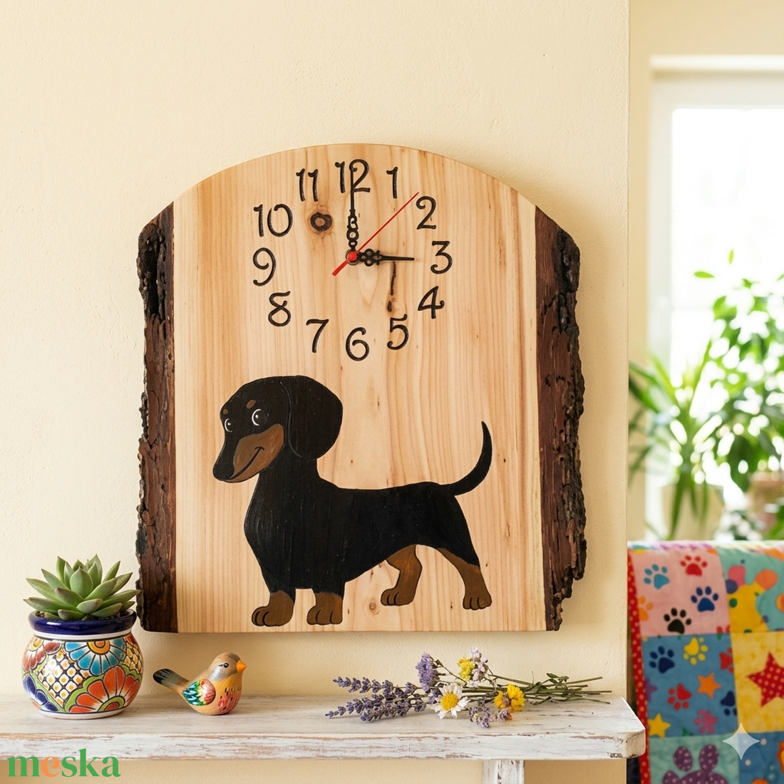 Nagyméretű fa falióra tacskó kutyussal díszítve  - otthon & életmód - dekoráció - fali és függő dekoráció - falióra & óra - Meska.hu