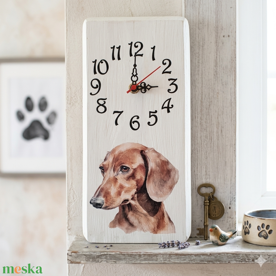 Fehér fa falióra barna tacskó kutyussal  - otthon & életmód - dekoráció - fali és függő dekoráció - falióra & óra - Meska.hu