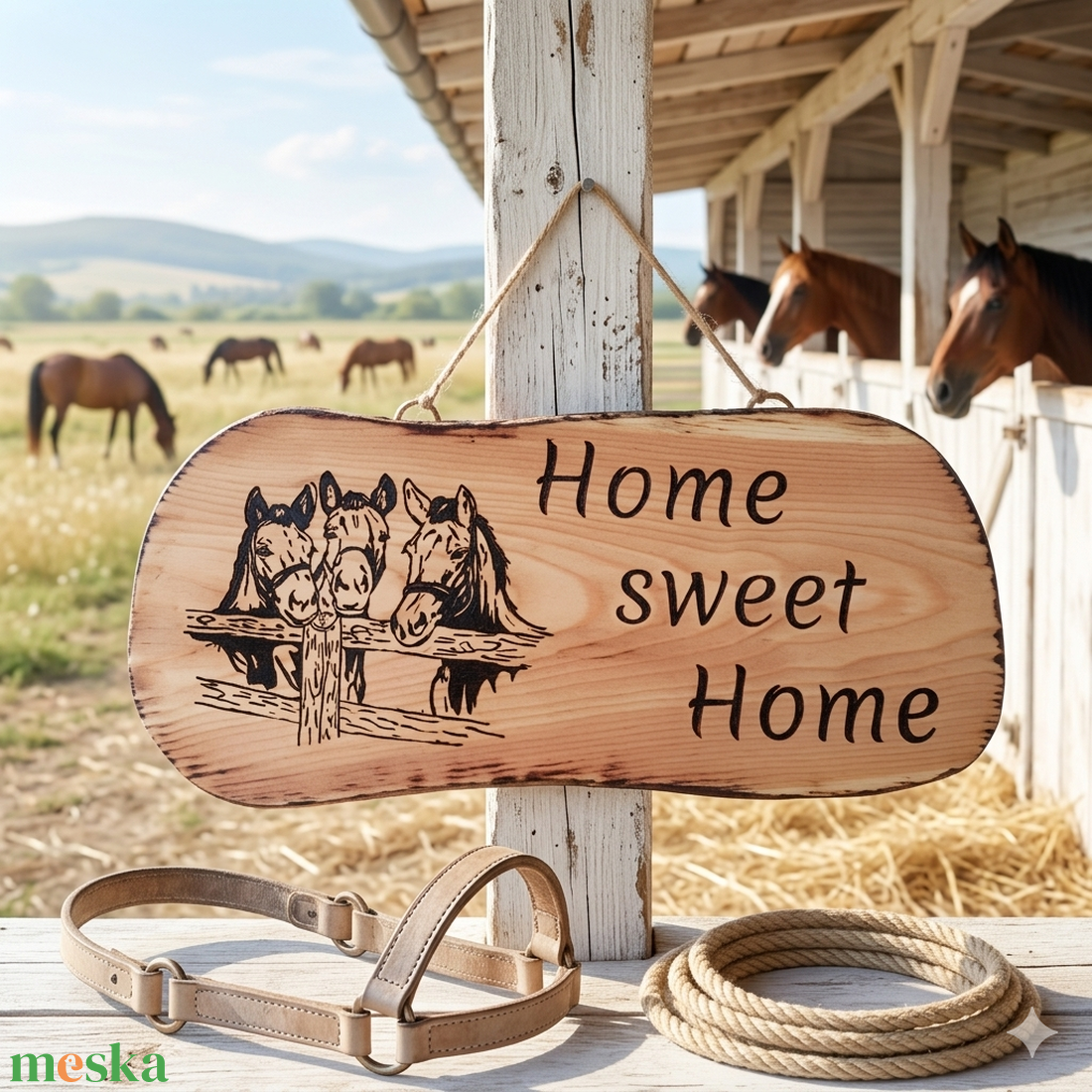 Home sweet home felirattal díszített fából készült lovas üdvözlő tábla  - otthon & életmód - ház & kert - isten hozott tábla - Meska.hu