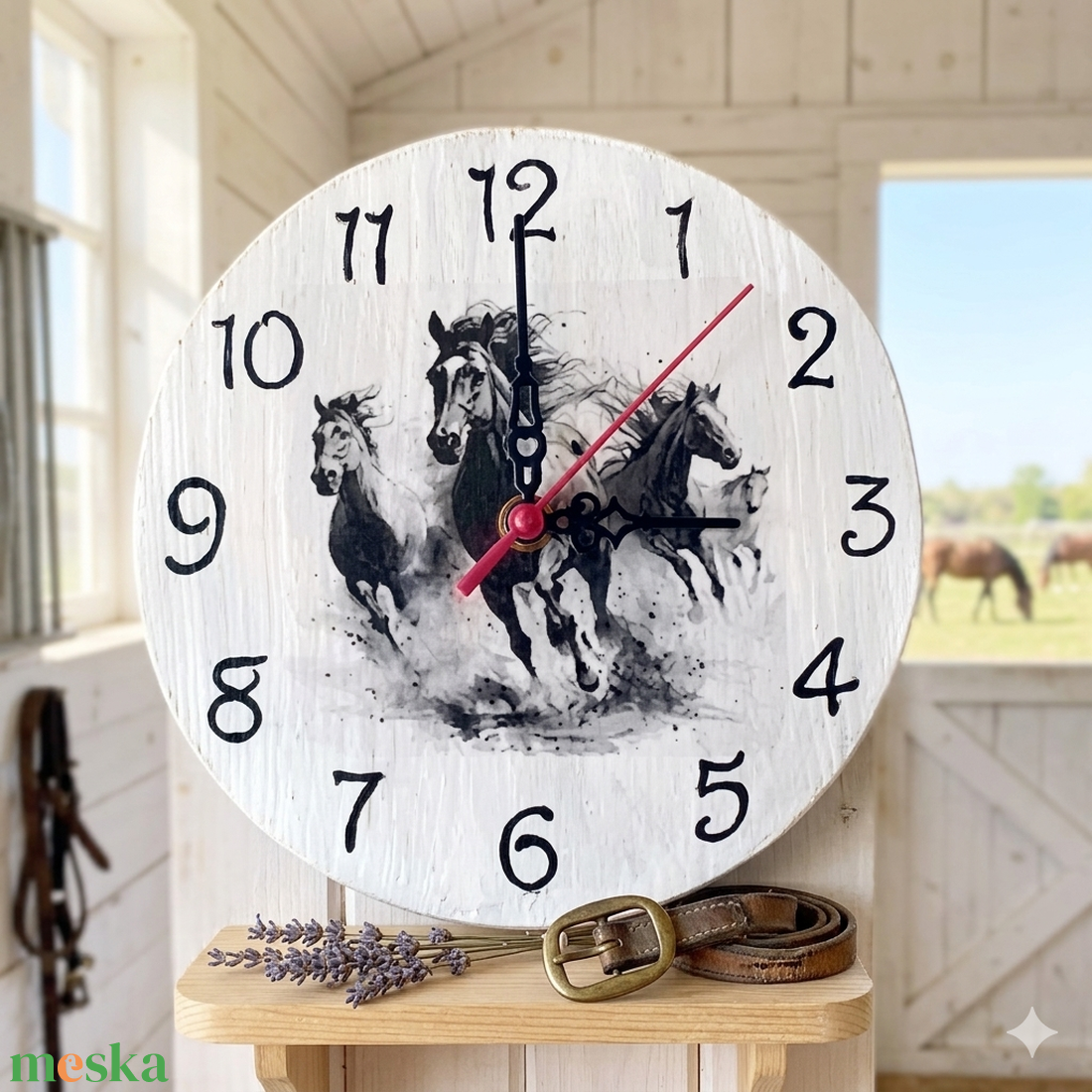 Vágtázó lovak fehér fa falióra  - otthon & életmód - dekoráció - fali és függő dekoráció - falióra & óra - Meska.hu