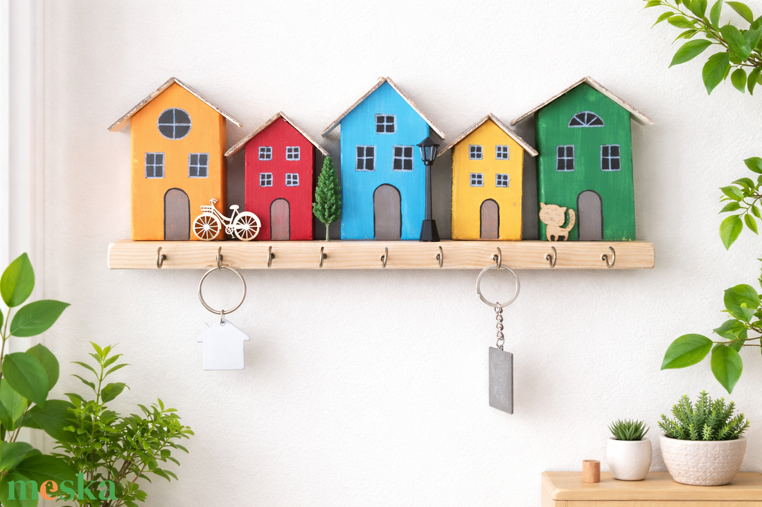 Színes városka kulcstartó � egyedi kézműves lakásdekor - otthon & életmód - dekoráció - fali és függő dekoráció - fali kulcstartó - Meska.hu
