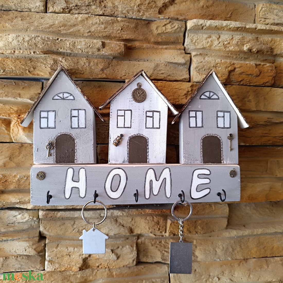 Otthon melege � Három házikós HOME kulcstartó  - otthon & életmód - dekoráció - fali és függő dekoráció - fali kulcstartó - Meska.hu