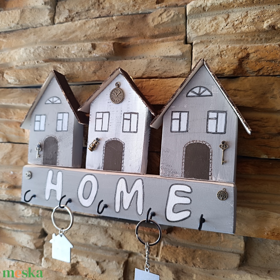 Otthon melege � Három házikós HOME kulcstartó  - otthon & életmód - dekoráció - fali és függő dekoráció - fali kulcstartó - Meska.hu
