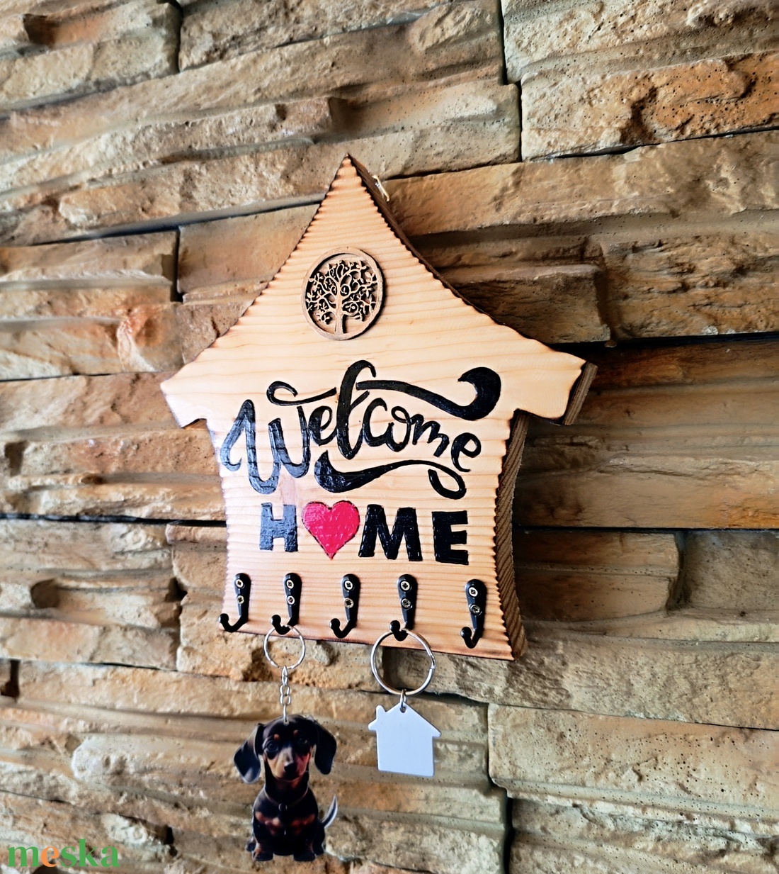 Welcome Home � Kézműves Fa Kulcstartó Életfa Díszítéssel - otthon & életmód - dekoráció - fali és függő dekoráció - fali kulcstartó - Meska.hu
